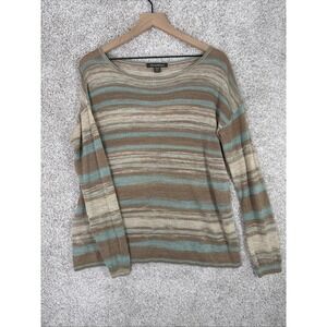 $125 Tommy Bahama Linen Blend Beige Brown Aqua Gold Speckled Striped Sweater  M‎